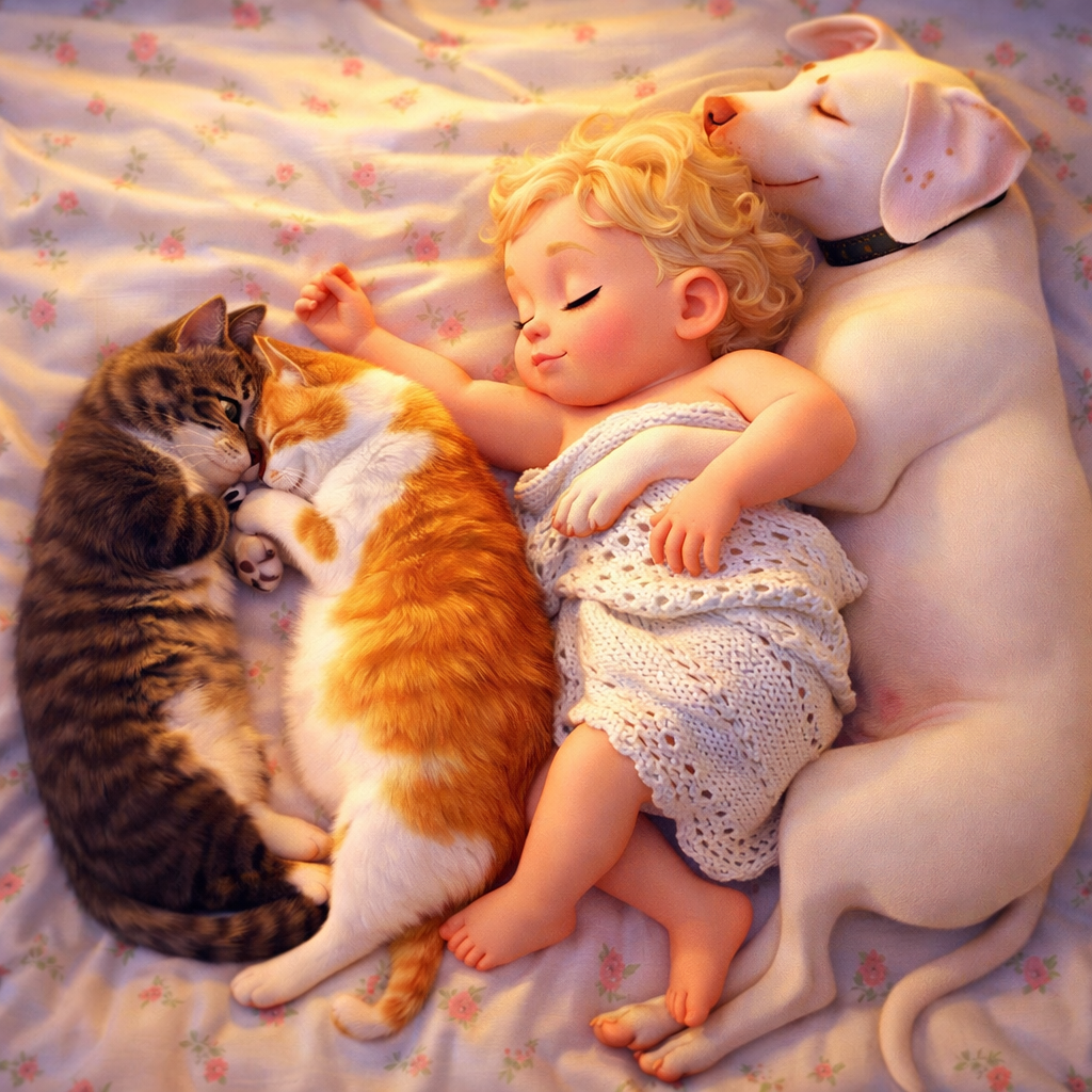 Utána: Arany retriever nyalogatja a kisfiú kezét, a család nevet a pléden