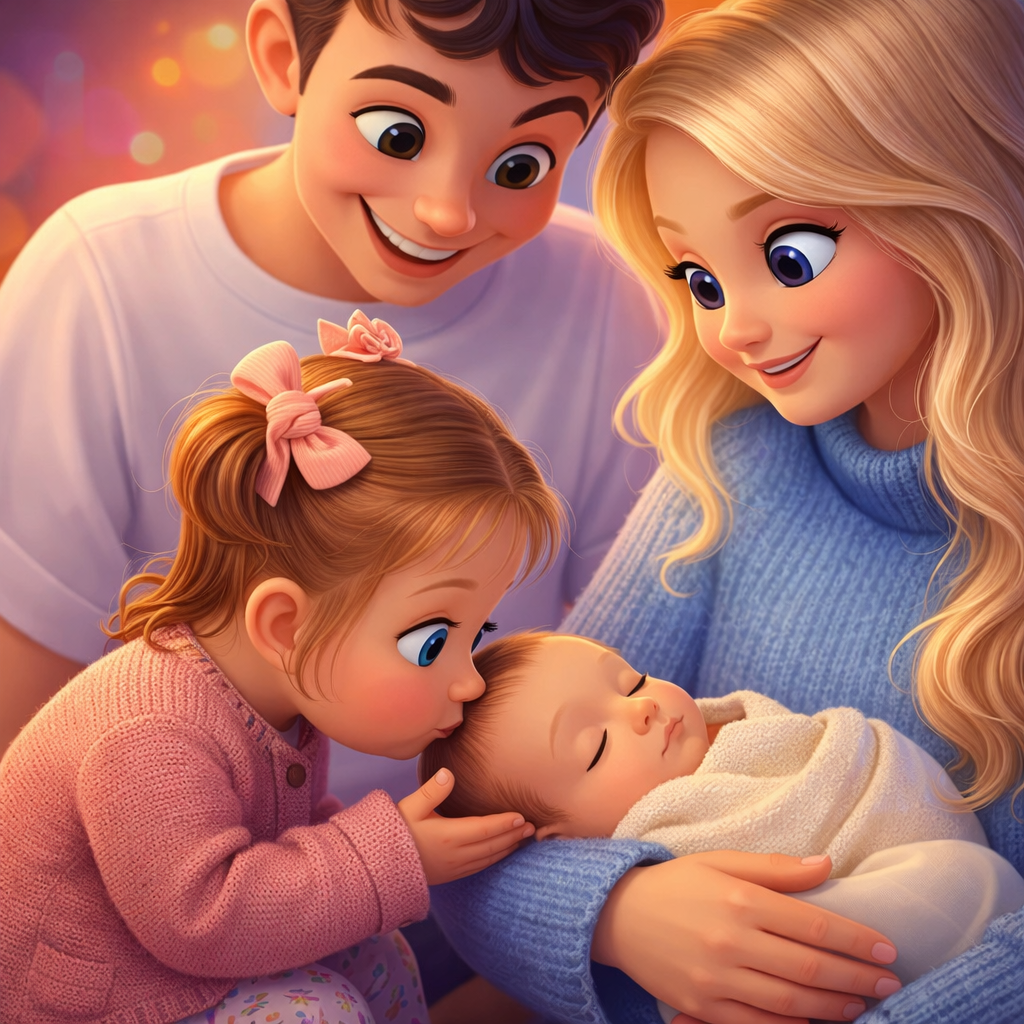 Utána: Kisgyermek nővér megpuszilja a karban tartott újszülöttet, a szülők mosolyognak