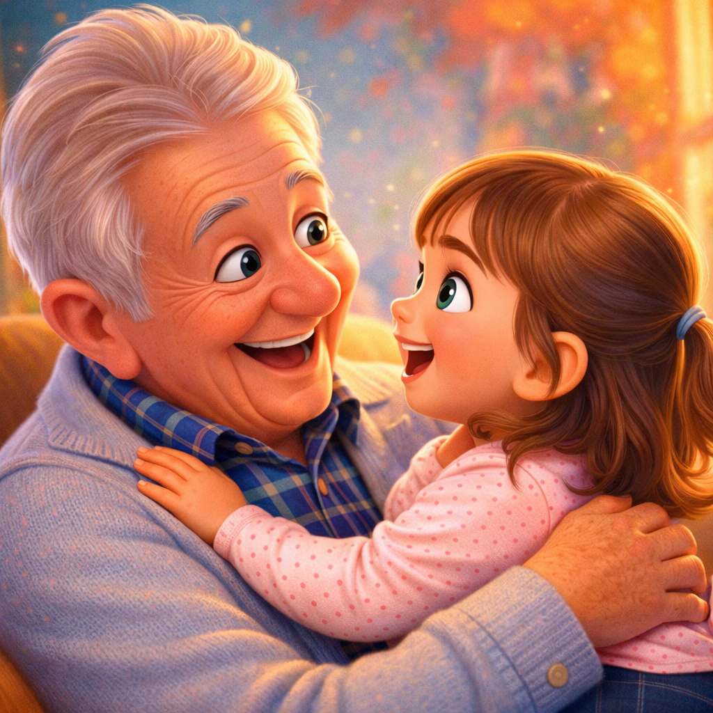 Utána: Nagypapa és az unoka egymásra nevetve a kanapén