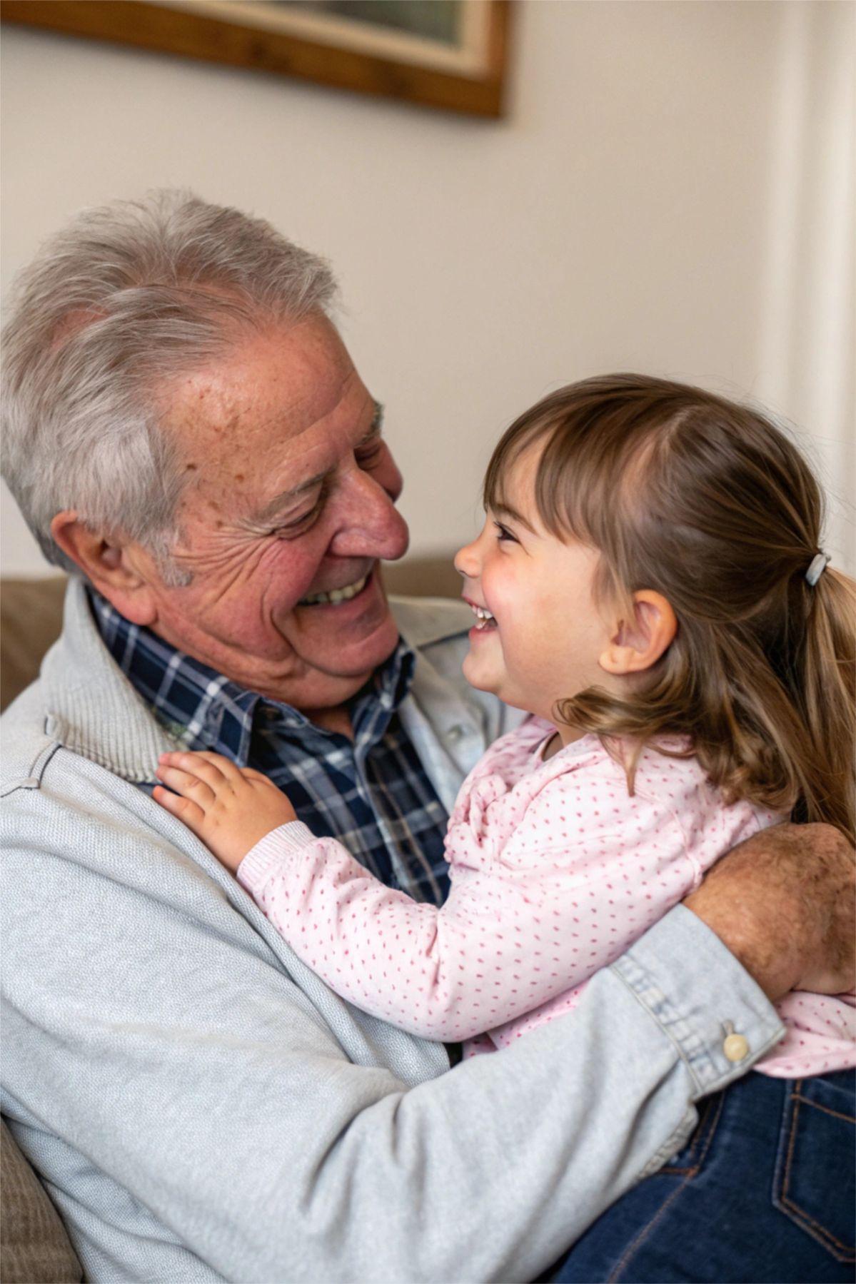 Előtte: Nagypapa és az unoka egymásra nevetve a kanapén